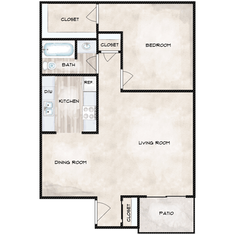 Floor plan for 1 bed, 1 bath, 720 sqft